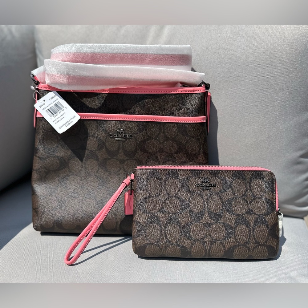Coach Signature File Crossbody Bag w/ Coach Signature Double Zip Wallet NWT